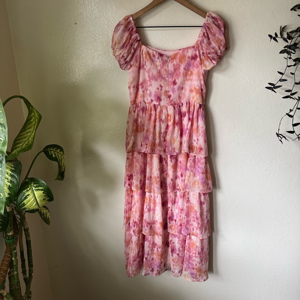 Lulus | Phenomenal Vision Pink Multi Lurex Puff Sleeve Tiered Midi Dress - Picture 6 of 7